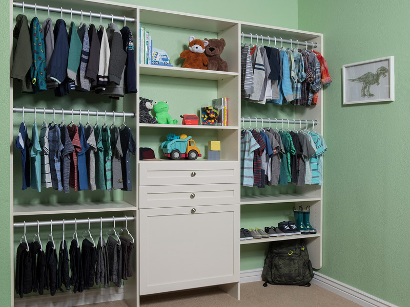 kids closets with hanger options, drawers and storage