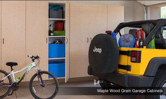 maple garage cabinets door open